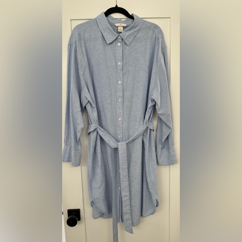 H&M Light Blue Linen-Blend Shirt Dress